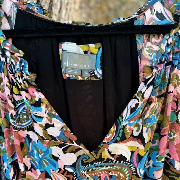 XL By Anthropologie-Robin green blue + pink Paisley tiered ruffle mini dress.XL - Picture 16 of 16